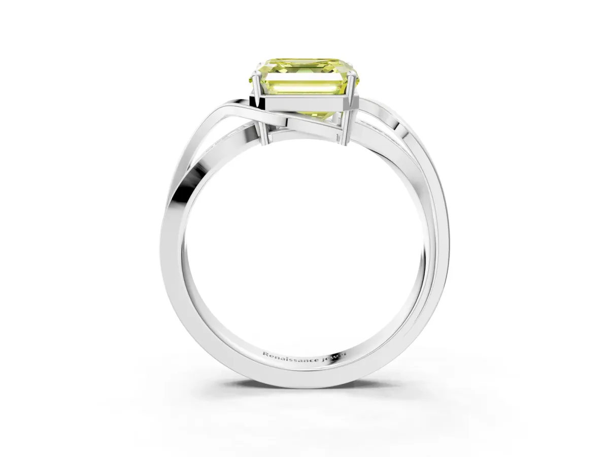 Fancy Yellow Asscher Cut Solitaire Twisted Band with Prong Setting Platinum