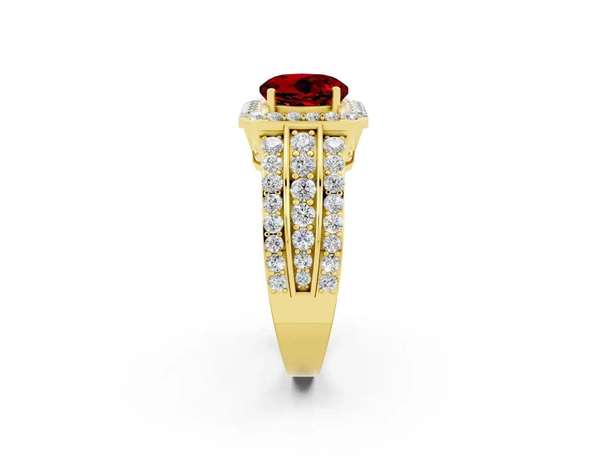Round Cut Halo Ruby Ring with Round Split Shank and Prong Setting Yellow gold