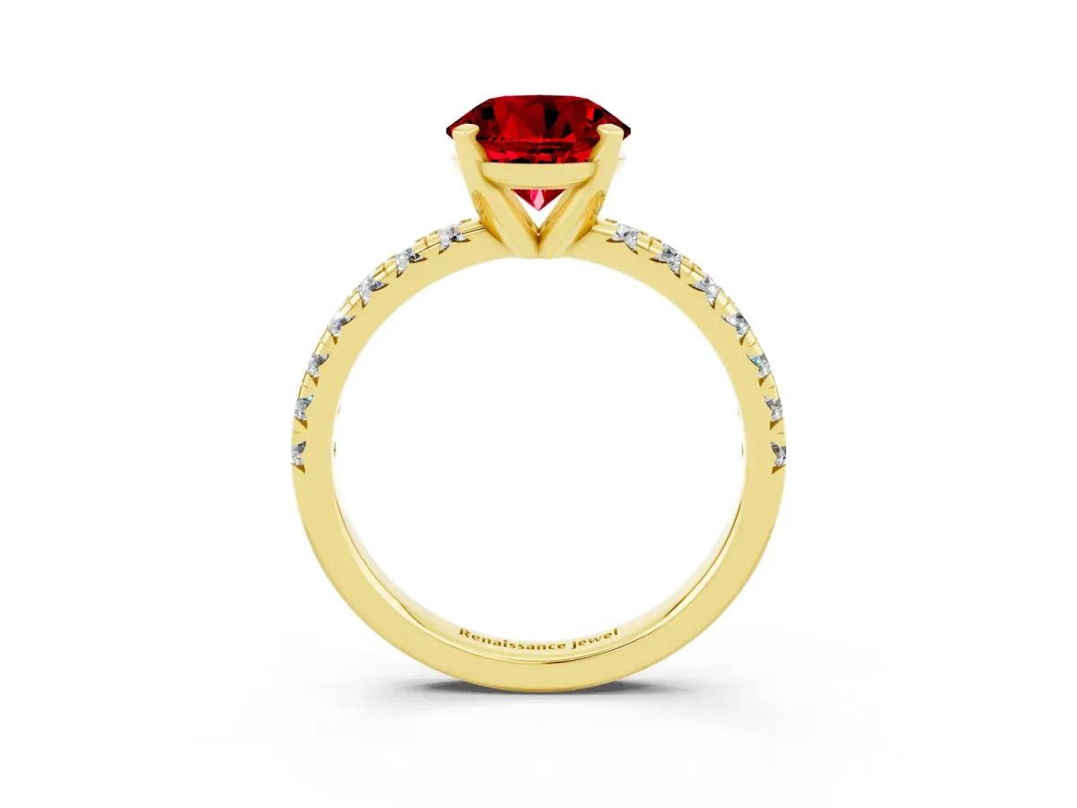 Round Cut Ruby Solitaire Pavé Engagement Ring with Round Band and Prong Setting Yellow gold
