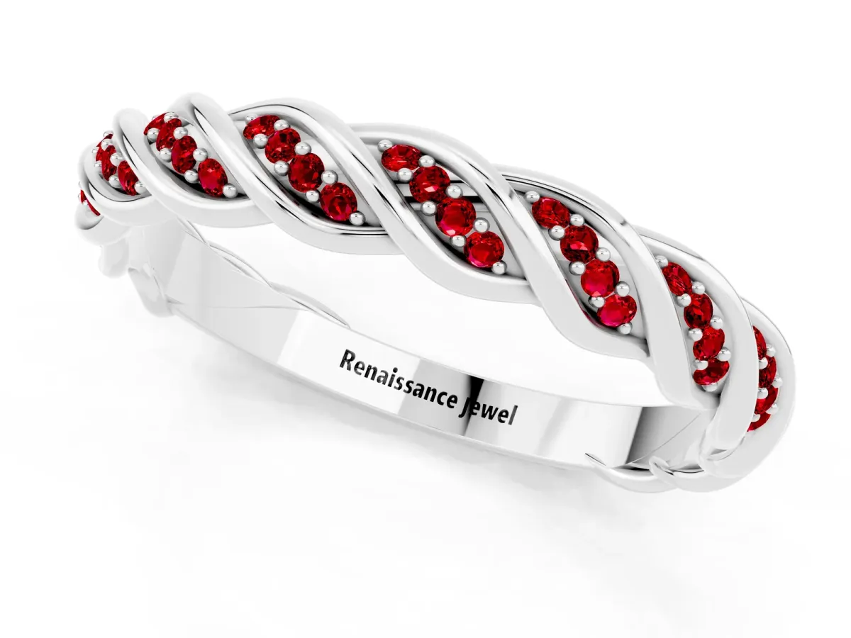 Twisted Pavé Round Ruby Eternity Band with Shared Prong Setting Silver