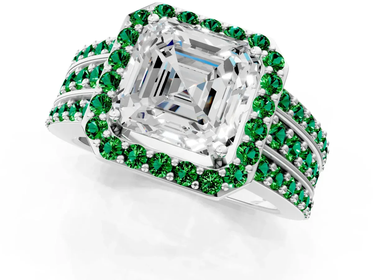 Asscher Cut Halo Diamond Ring with Round Emerald Split Shank and Prong Setting Silver
