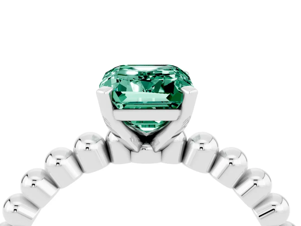Emerald Cut Green Sapphire Solitaire Ring with Beaded Band and Prong Setting Silver