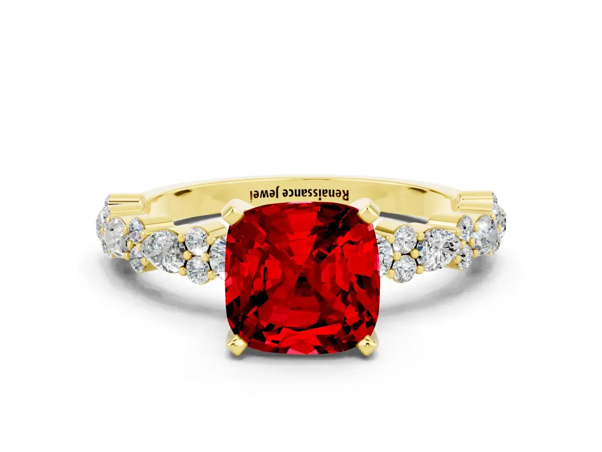 Cushion Cut Ruby Side Stone Solitaire Ring with Round and Four-Prong Setting Yellow gold