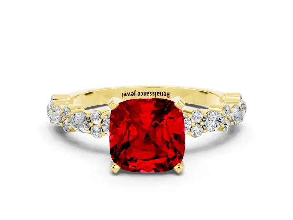 Cushion Cut Ruby Side Stone Solitaire Ring with Round and Four-Prong Setting Yellow gold
