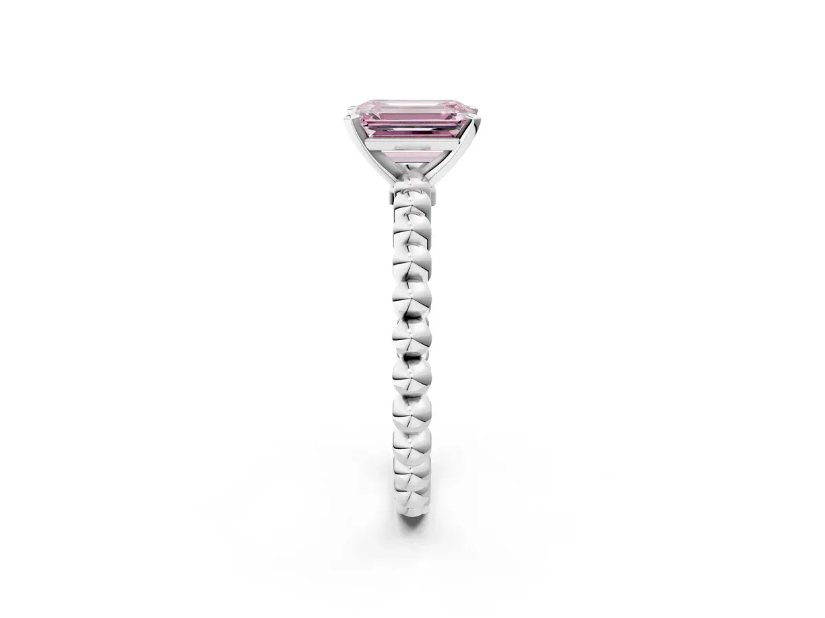 Fancy Pink Emerald Cut Diamond Solitaire Ring with Beaded Band and Prong Setting Silver