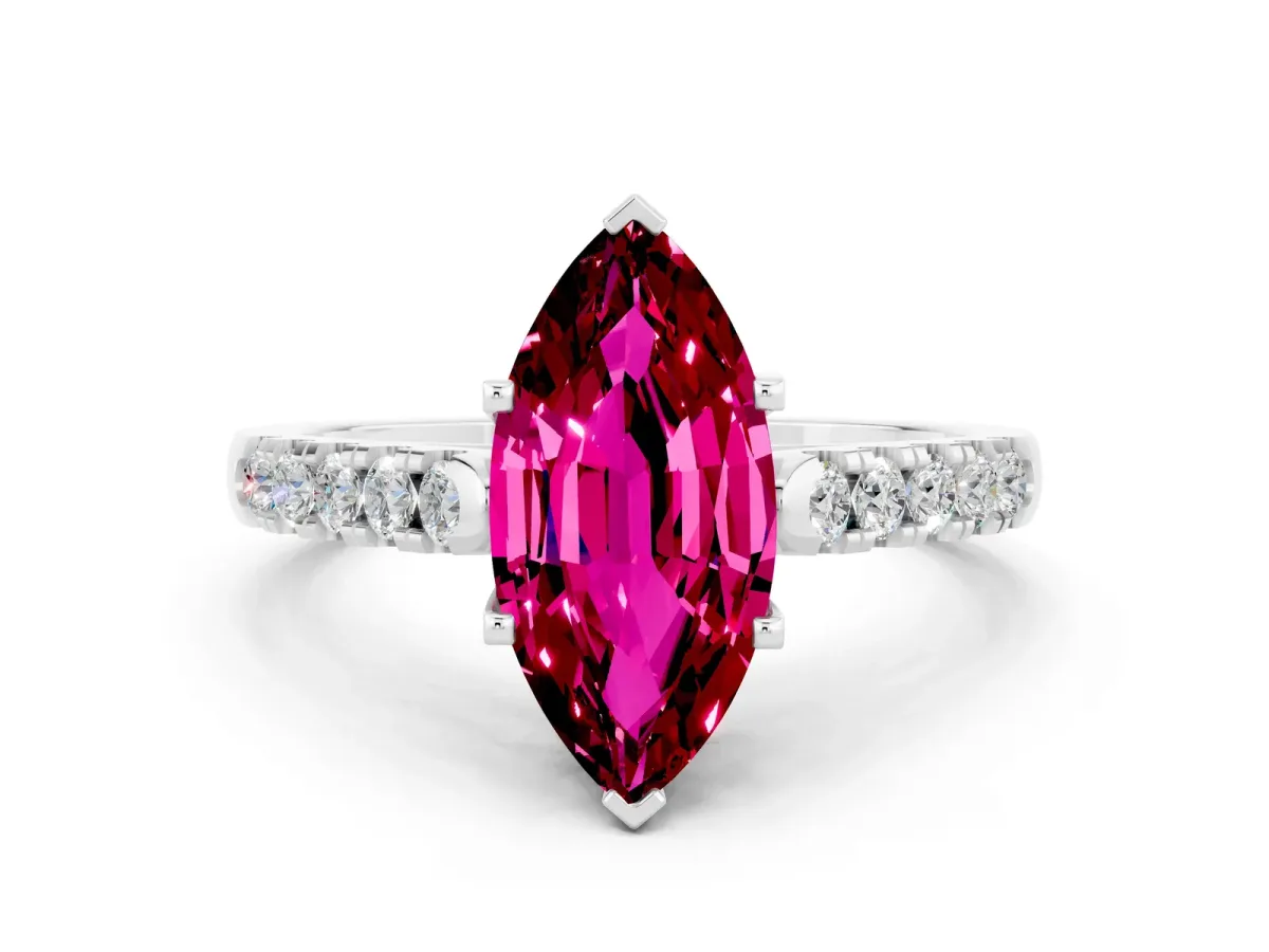 Marquise Cut Garnet Pavé Band Solitaire Ring with Prong Setting Silver