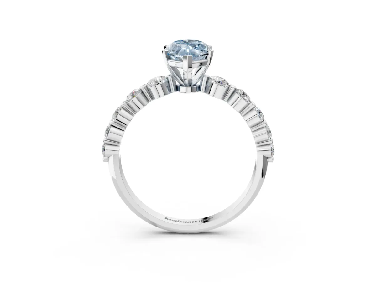 Fancy Blue Marquise Cut Solitaire Diamond Ring with Pave Band and Four-Prong Setting Silver