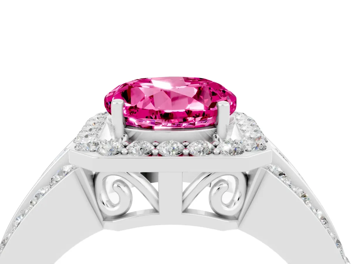 Round Cut Halo Pink Sapphire Ring with Round Split Shank and Prong Setting Platinum