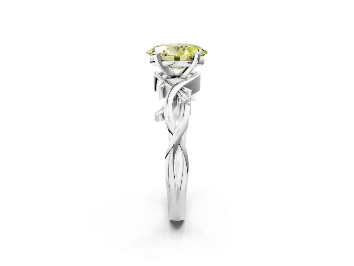 Fancy Yellow Oval Cut Diamond Solitaire Ring with Twisted Band and Prong Setting Platinum
