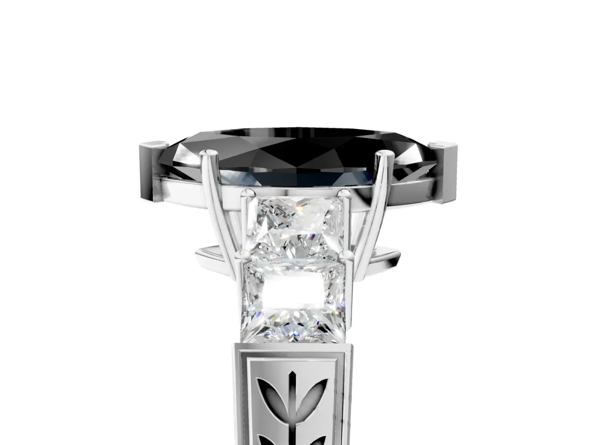 Fancy Black Marquise Cut Solitaire Princess Side Stone Engraved Band Prong Setting Ring Silver