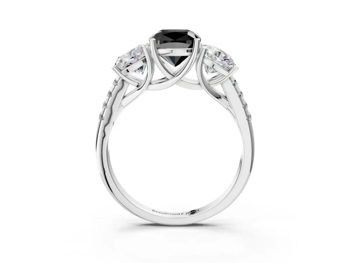 Fancy Black Three-Stone Cushion Cut Diamond Ring with Round Pavé Band and Prong Setting Silver