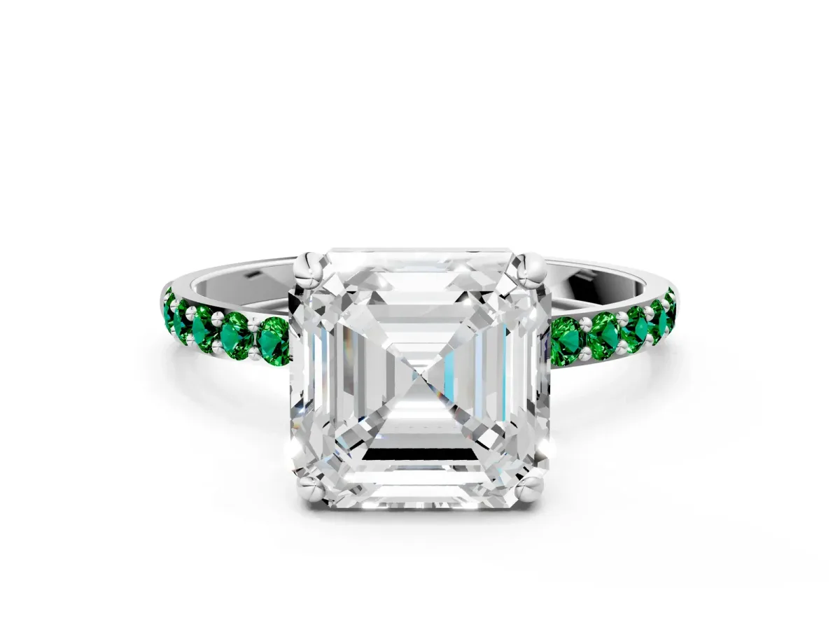 Asscher Cut Diamond Solitaire Ring with Round Emerald Pavé Band and Prong Setting Silver