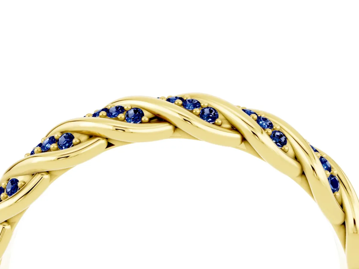Twisted Pavé Round Blue Sapphire Eternity Band with Shared Prong Setting Yellow gold