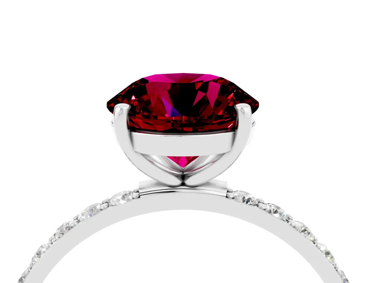 Round Cut Garnet Solitaire Ring with Round Pavé Band and Prong Setting Silver