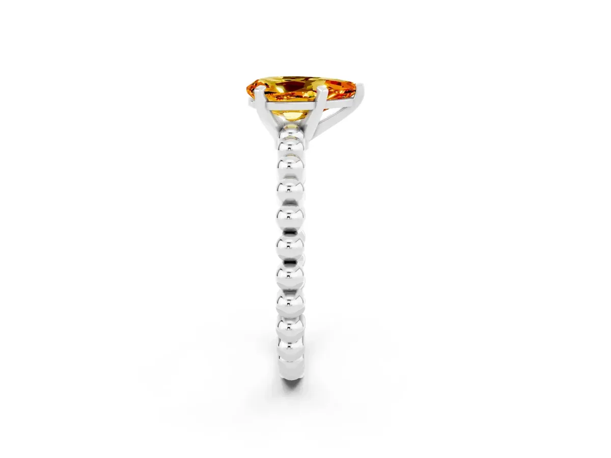 Pear Cut Citrine Solitaire Ring with Beaded Band and Prong Setting White gold
