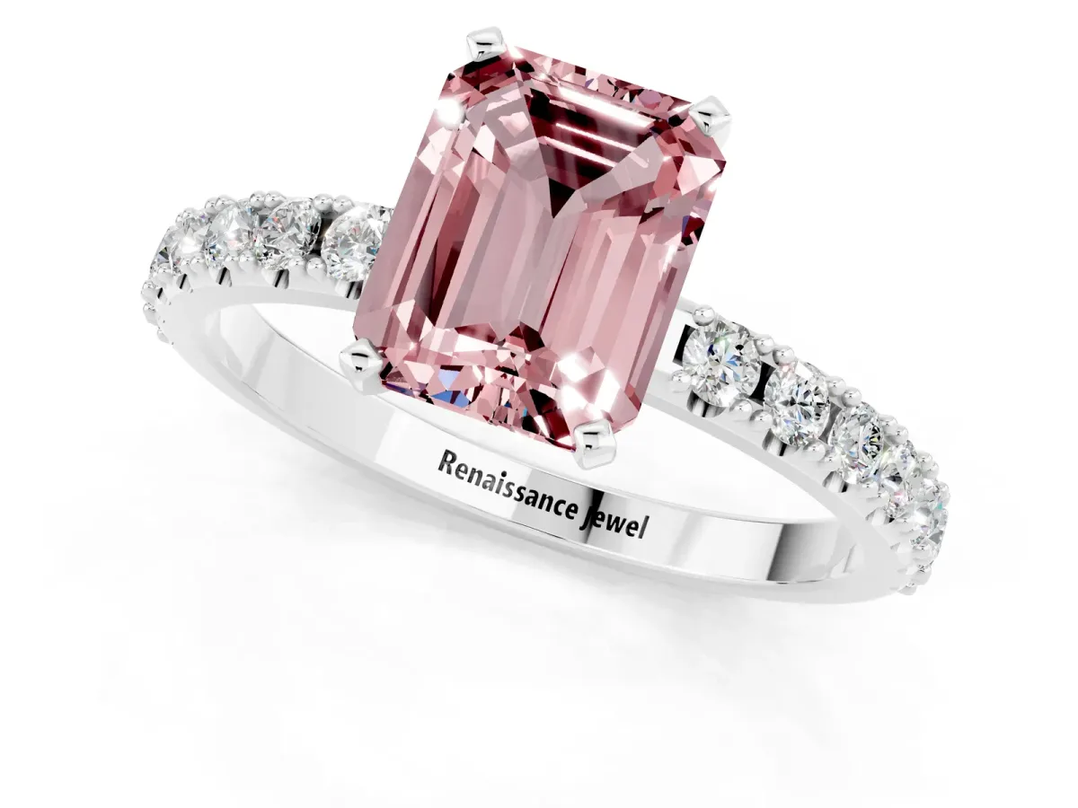 Emerald Cut Morganite Solitaire Pavé Band with Four-Prong Setting Platinum