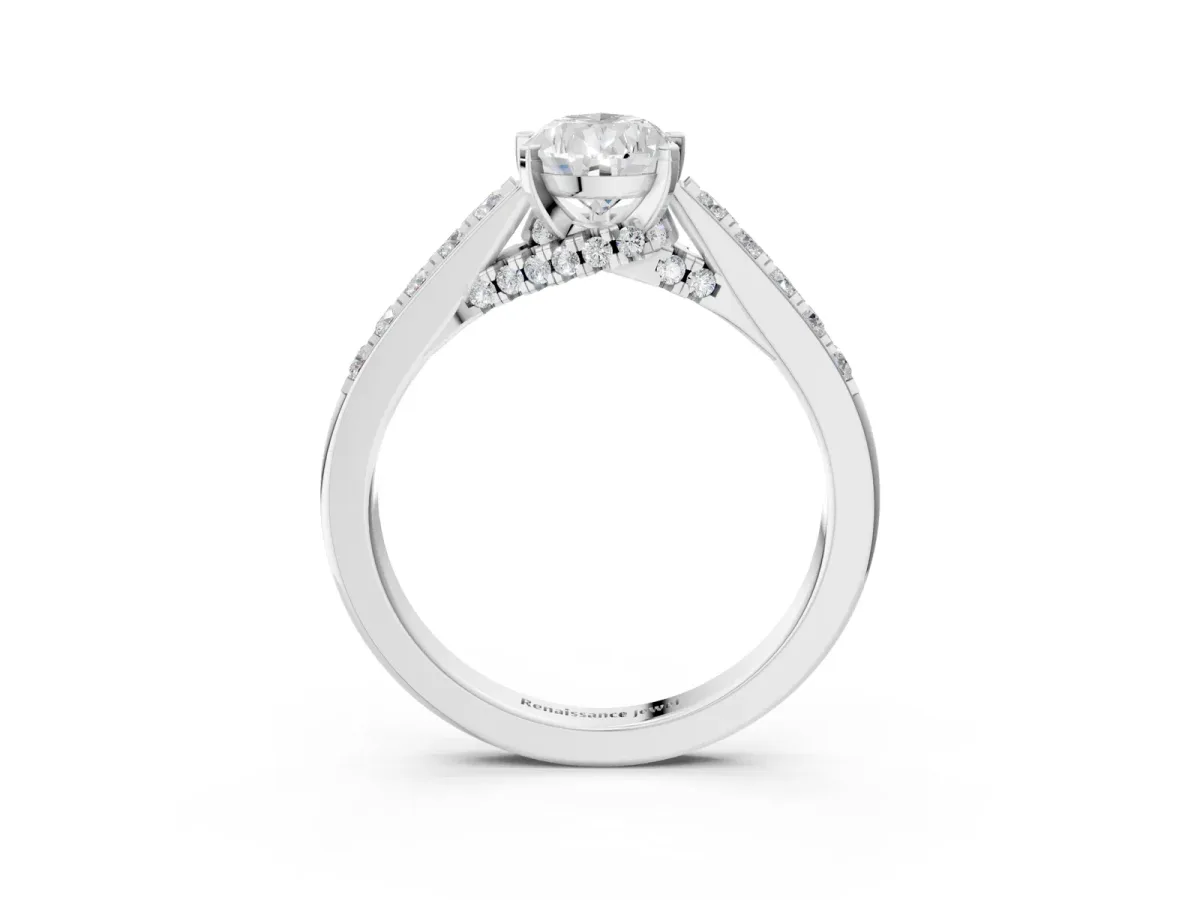 Pear Cut Diamond Solitaire Ring with Crossover Gallery and Round Pavé Band Silver