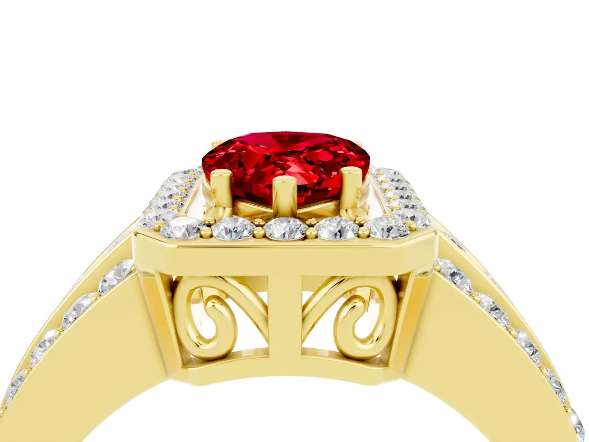 Pear Cut Halo Ruby Ring with Round Split Shank and Prong Setting Yellow gold