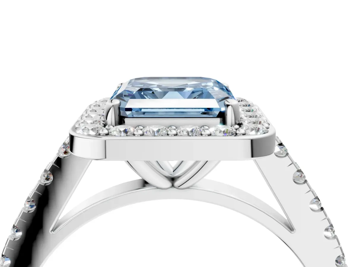 Fancy Blue Asscher Cut Diamond Halo Ring with Round Pavé Split Shank and Prong Setting Platinum