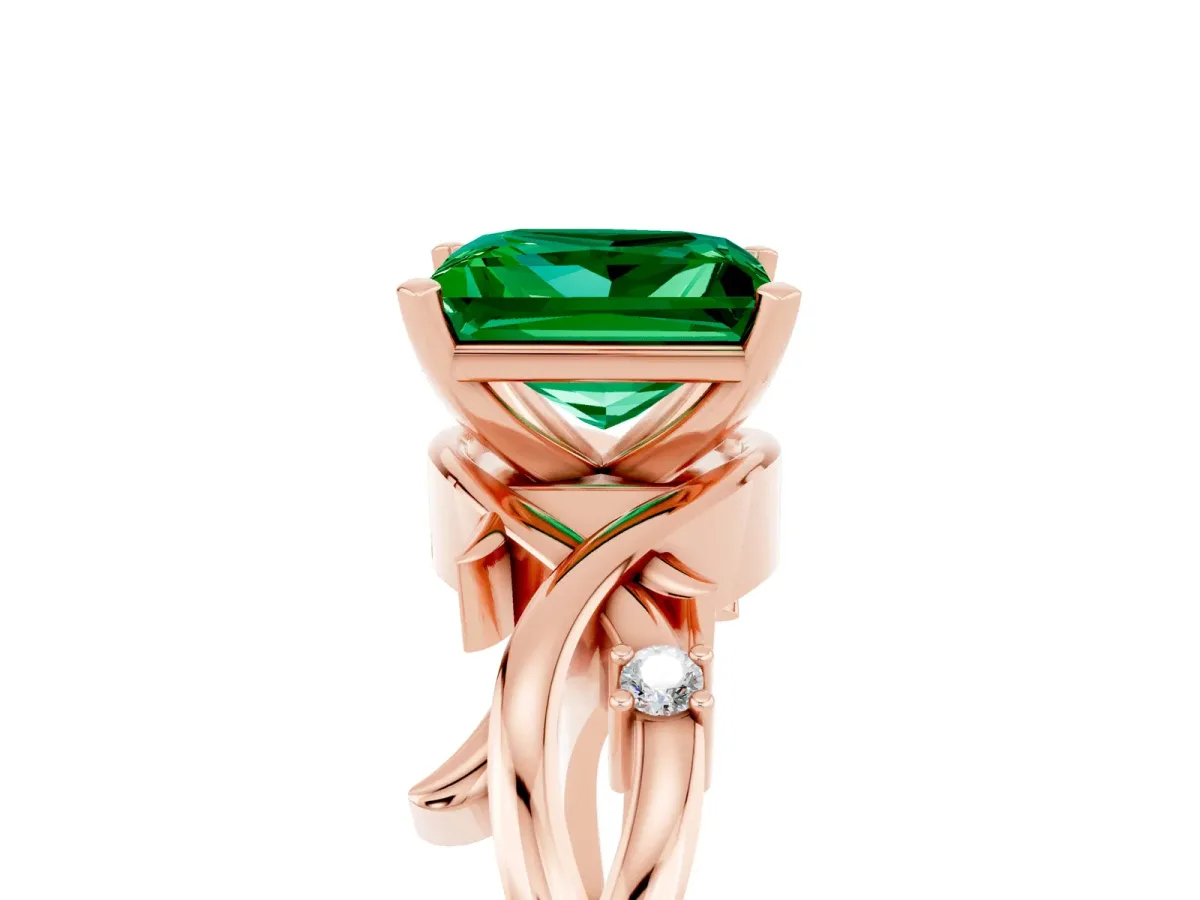Princess Cut Emerald Solitaire Ring with Twisted Band and Prong Setting Rose gold