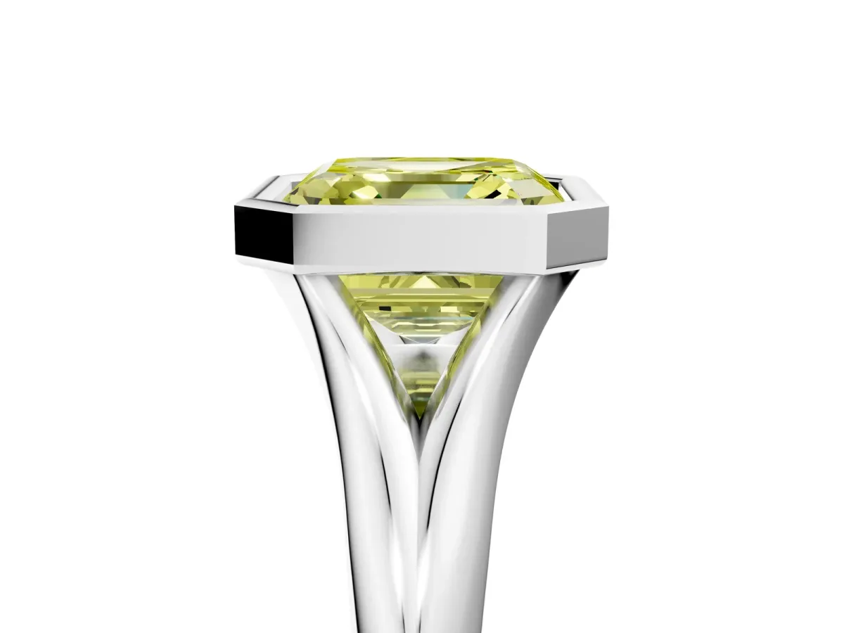 Fancy Yellow Bezel Set Asscher Cut Solitaire Diamond Ring with Smooth Band Platinum