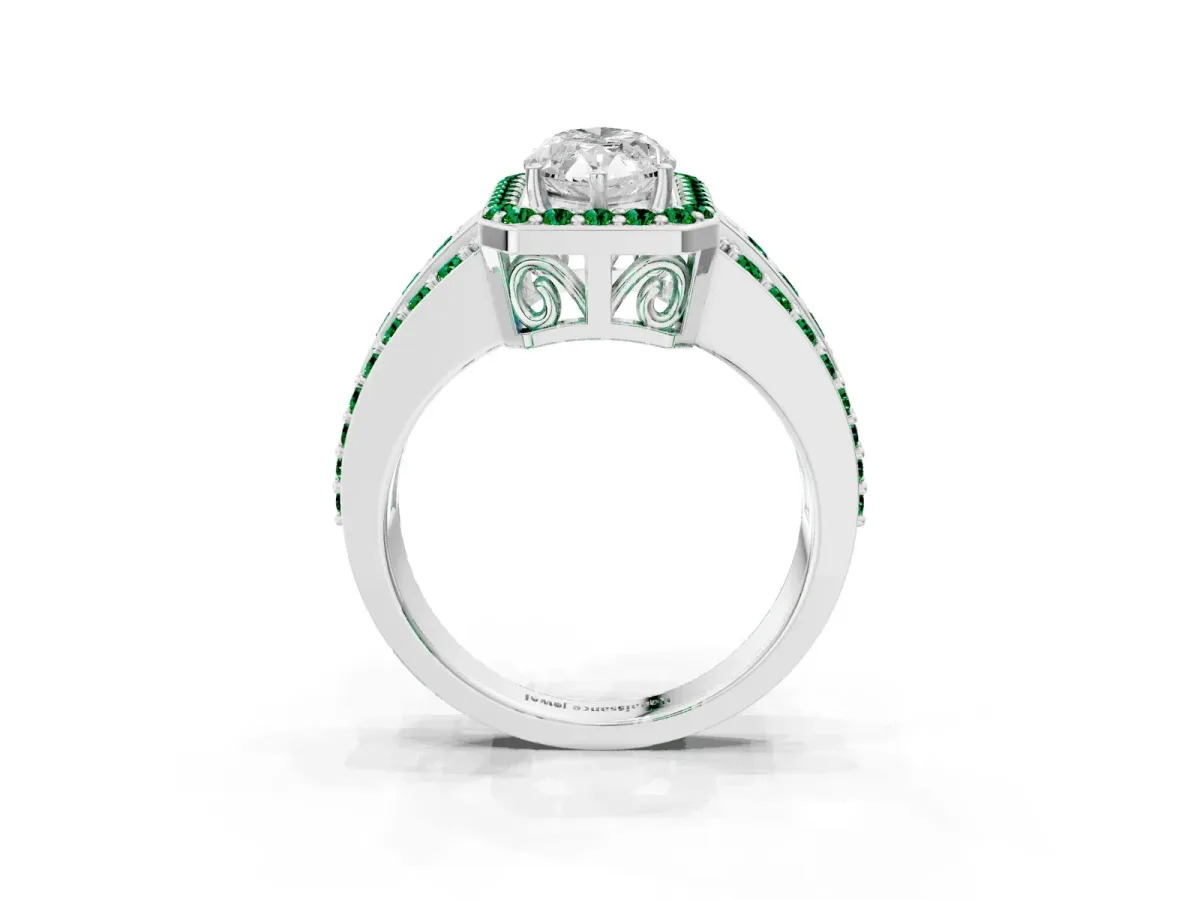 Marquise Cut Halo Diamond Ring with Round Emerald Split Shank and Prong Setting Silver