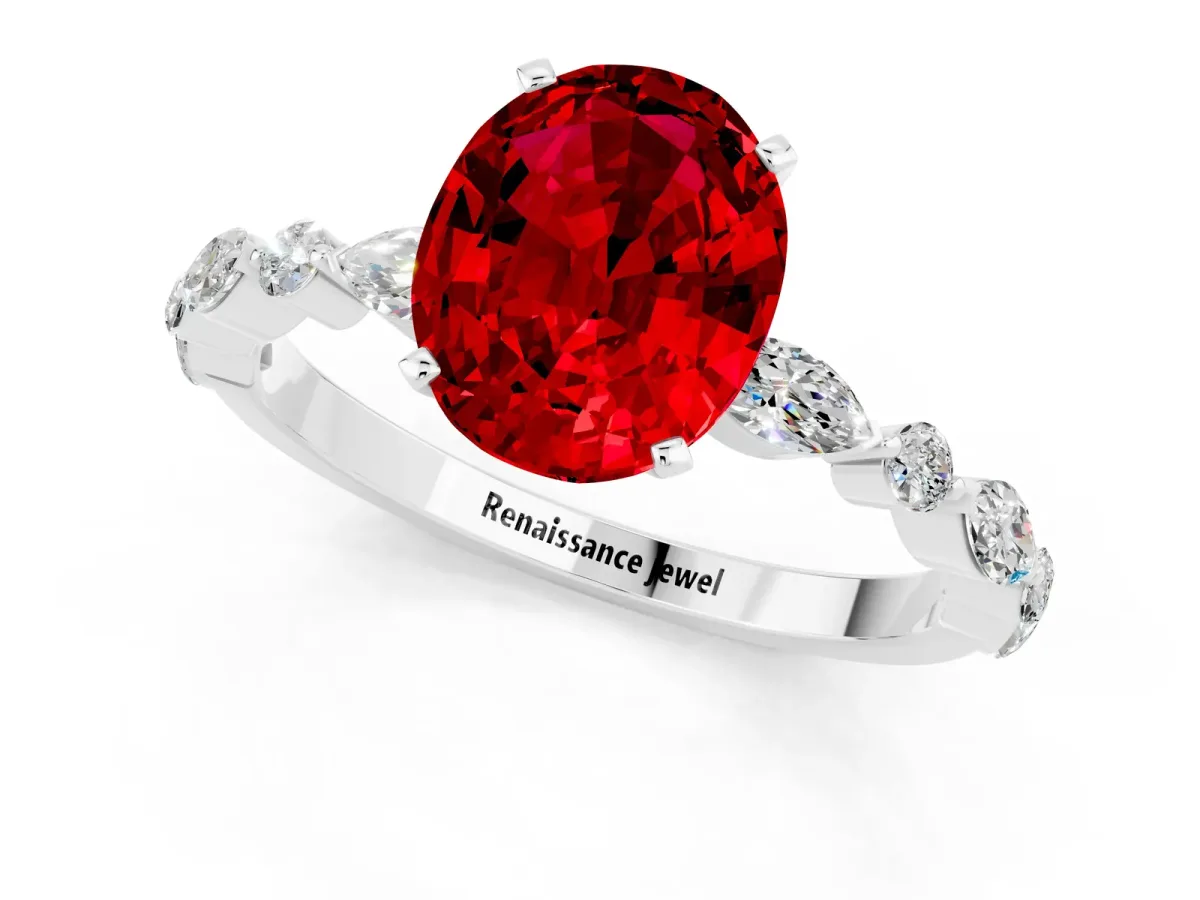 Oval Cut Ruby Ring with Marquise and Round Side Stones and Four-Prong Setting White gold
