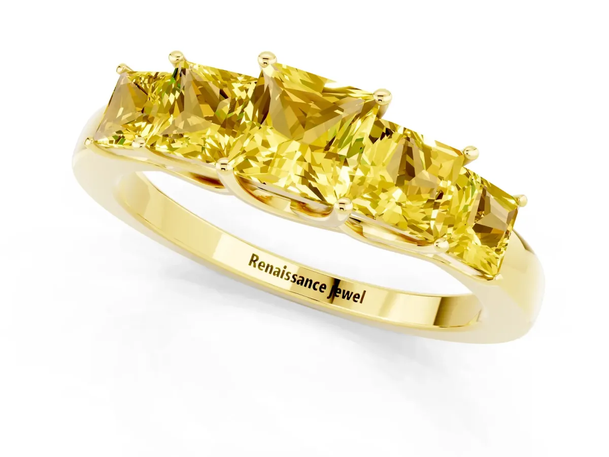 Princess Cut Five-Stone Yellow Sapphire Ring with Classic Prong Setting Yellow gold