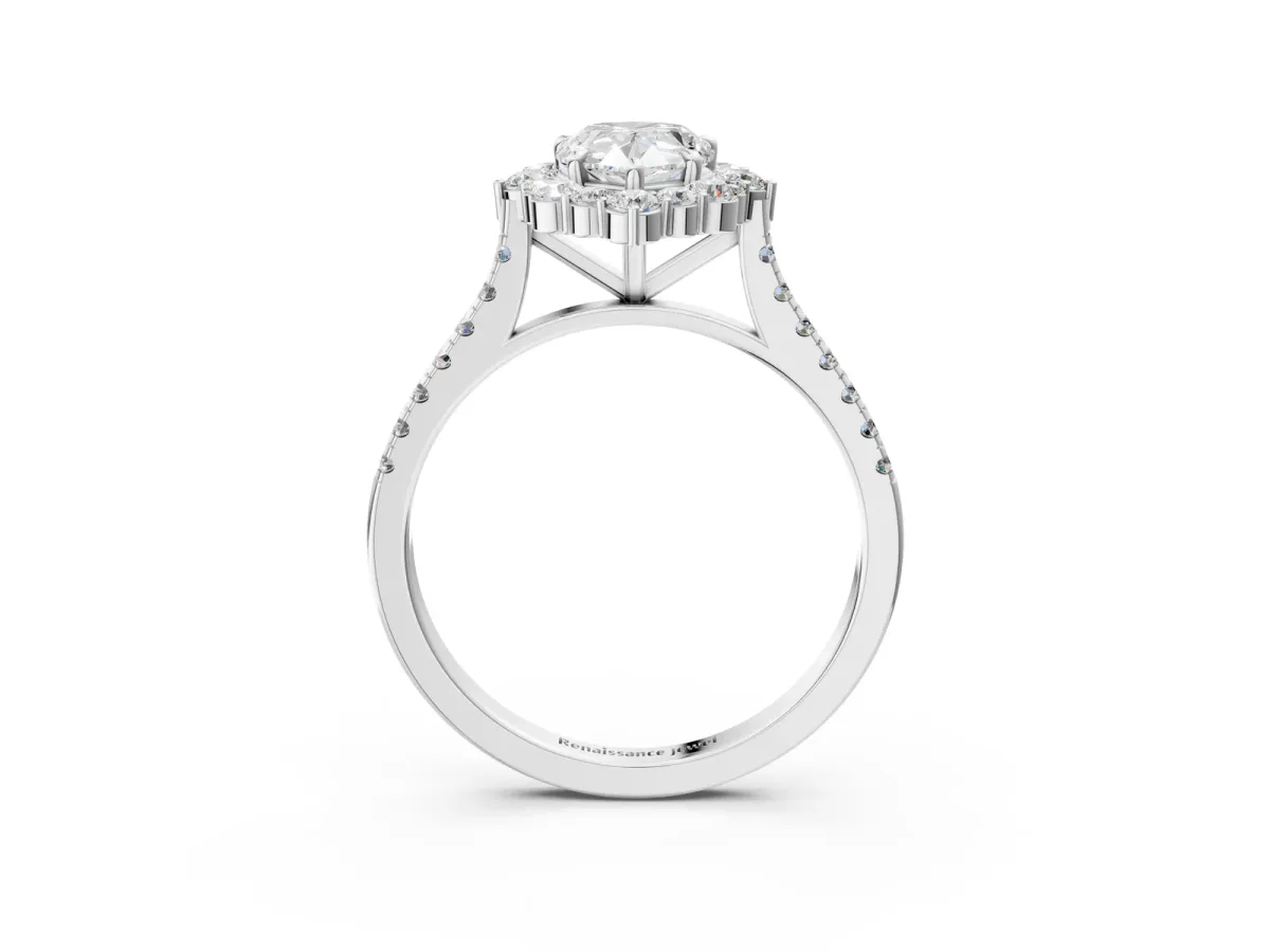 Pear Cut Halo Diamond Ring with Pavé Band and Prong Setting Silver