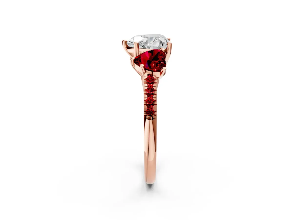 Three-Stone Heart Cut Diamond Ring with Round Ruby Pavé Band and Prong Setting Rose gold