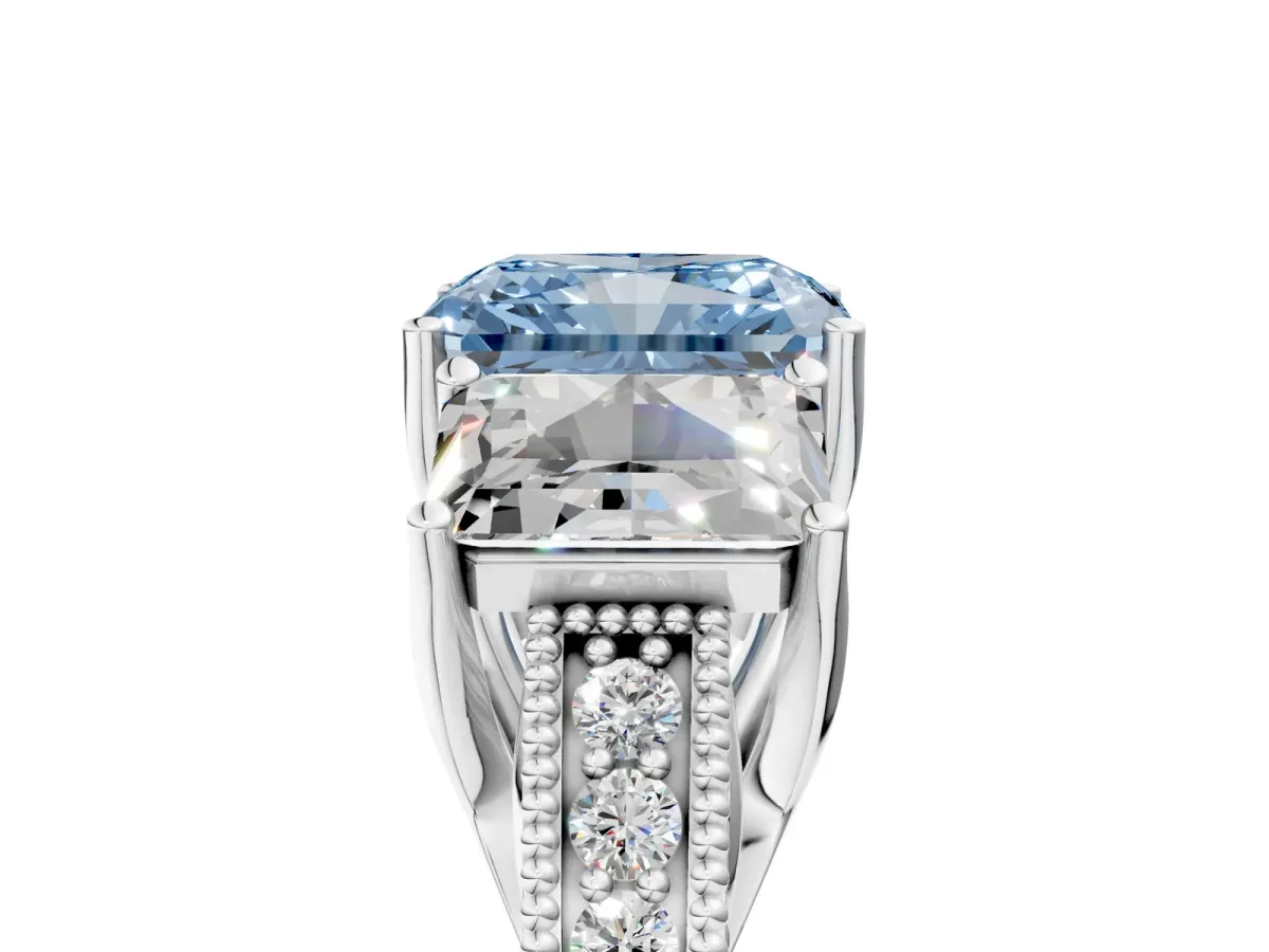 Fancy Blue Three-Stone Radiant Cut Cut Milgrain Pavé Engagement Ring Platinum
