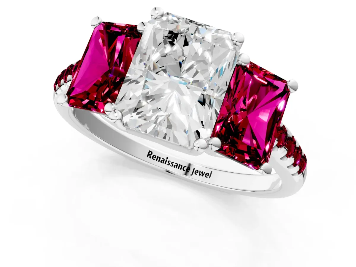 Three-Stone Radiant Cut Diamond Ring with Round Garnet Pavé Band and Prong Setting Silver