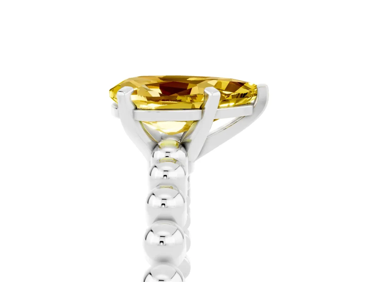 Pear Cut Yellow Sapphire Solitaire Ring with Beaded Band and Prong Setting Silver