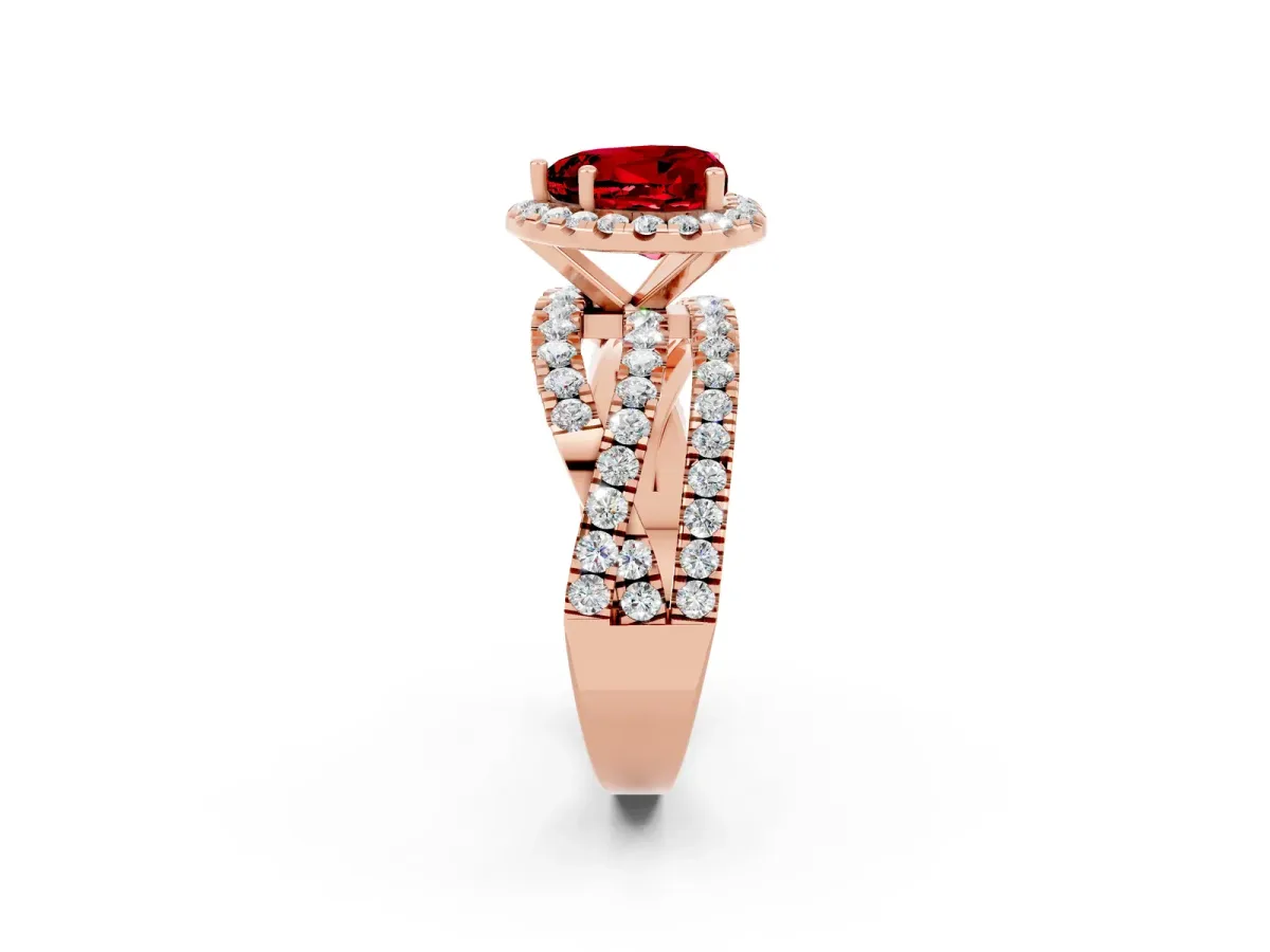 Heart Cut Ruby Halo Ring with Round Split Shank and Prong Setting Rose gold