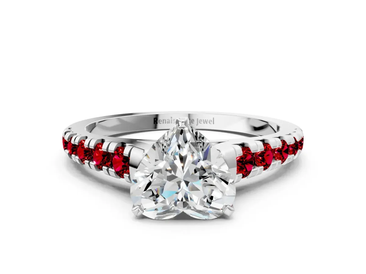Heart Cut Diamond Cathedral Solitaire Ring with Round Ruby Pavé Band Platinum