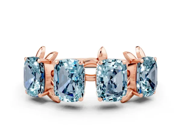 Four-Stone Elongated Cushion Aquamarine Band with Nature-Inspired Prong Setting Rose gold