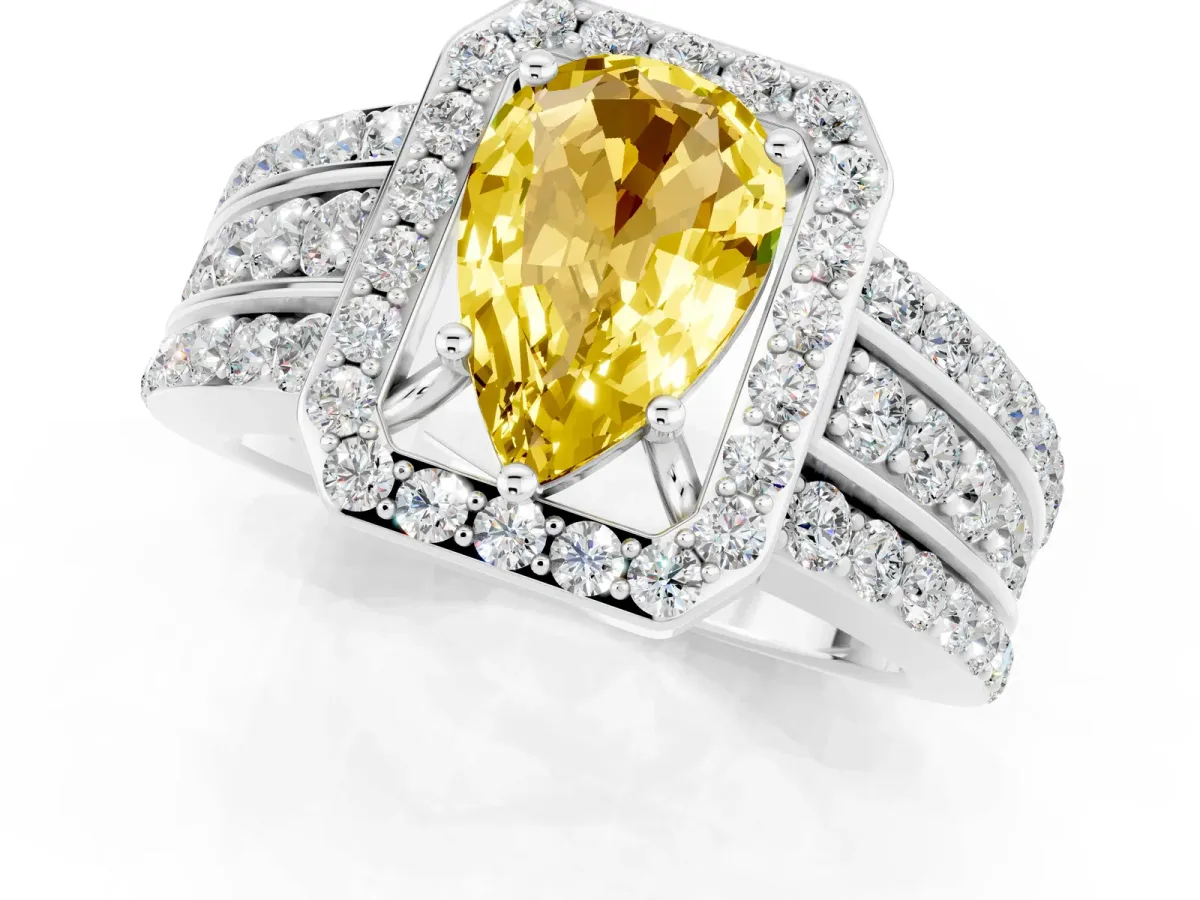Pear Cut Halo Yellow Sapphire Ring with Round Split Shank and Prong Setting Platinum