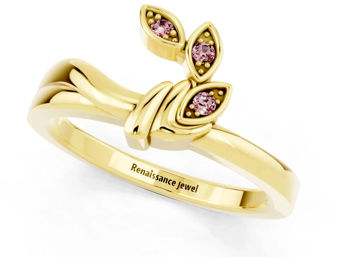 Three-Stone Round Morganite Leaf Bypass Ring with Bezel Setting Yellow gold