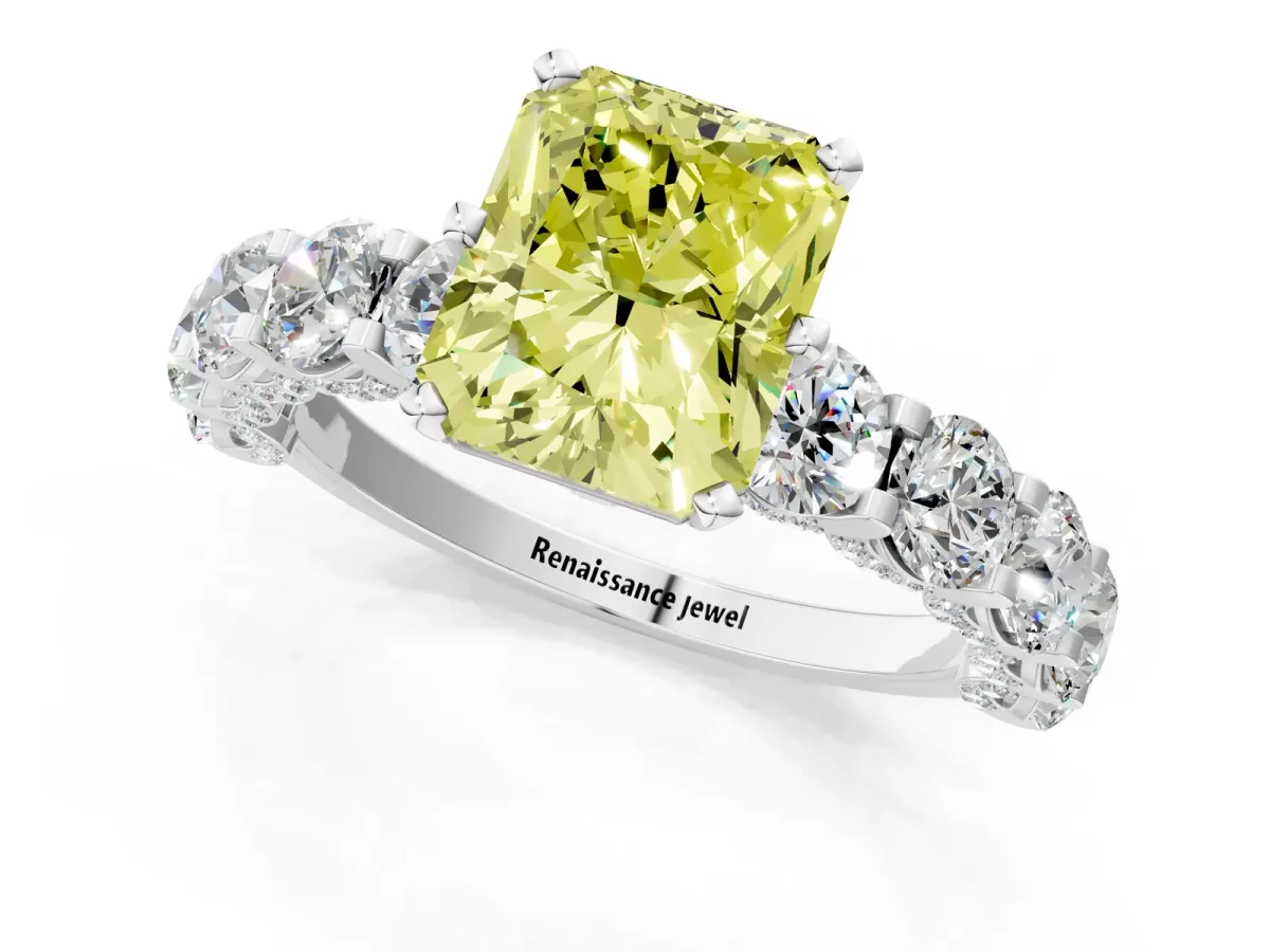 Fancy Yellow Radiant Cut Diamond Side Stone Engagement Ring with Four-Prong Setting Platinum
