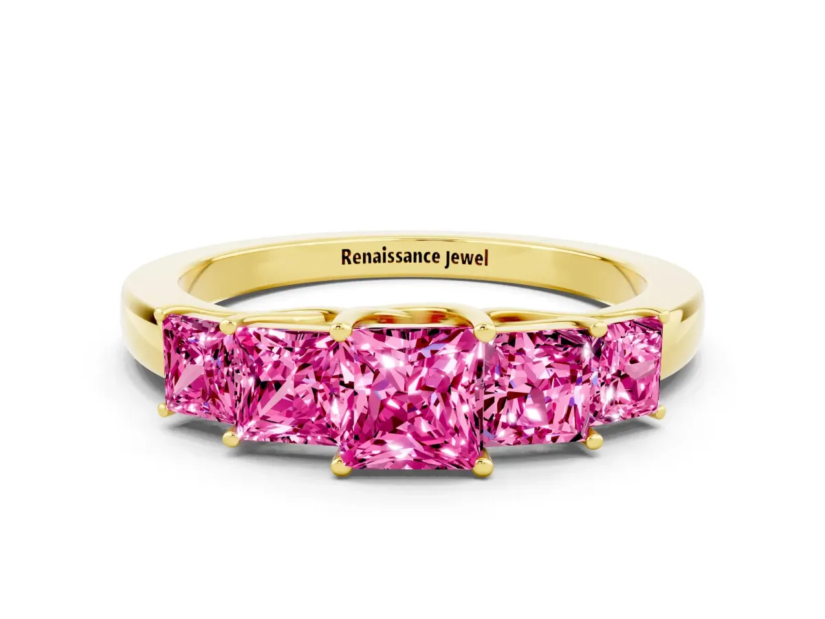 Princess Cut Five-Stone Pink Sapphire Ring with Classic Prong Setting Yellow gold