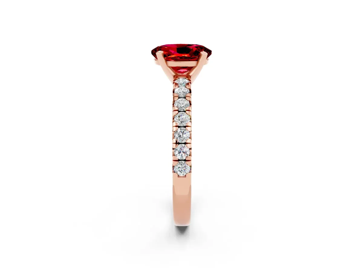 Oval Cut Ruby Solitaire Pavé Engagement Ring with Round Band and Prong Setting Rose gold