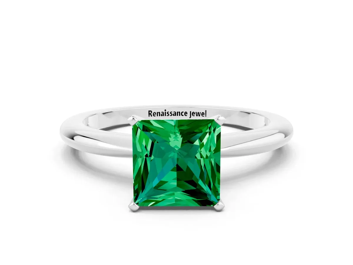 Princess Cut Emerald Solitaire Ring with Six-Prong Setting and Classic Band Platinum