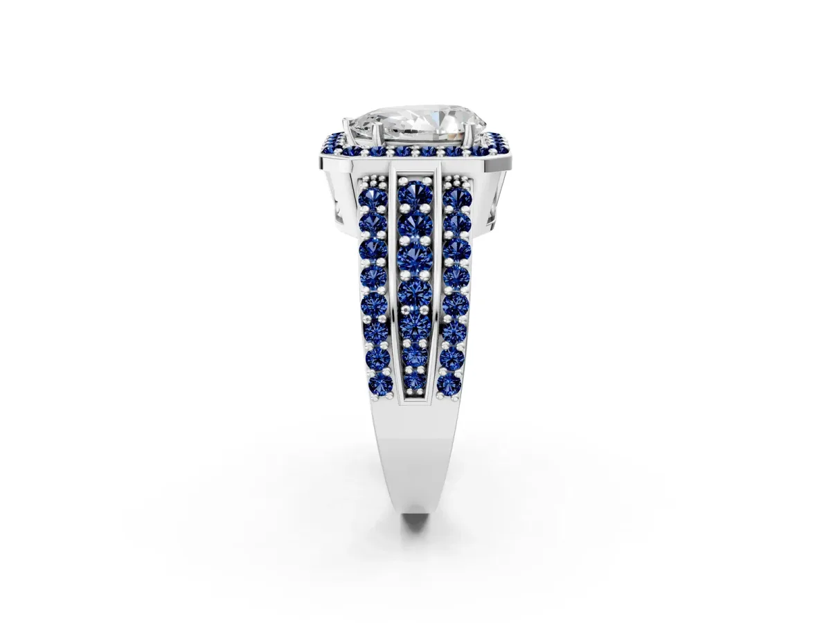 Pear Cut Halo Diamond Ring with Round Blue Sapphire Split Shank and Prong Setting Platinum