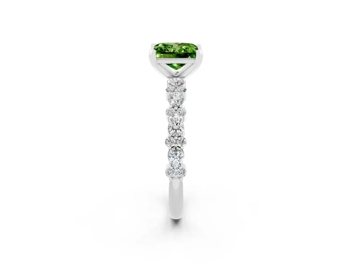 Princess Cut Peridot Side Stone Solitaire Ring with Round and Four-Prong Setting Platinum