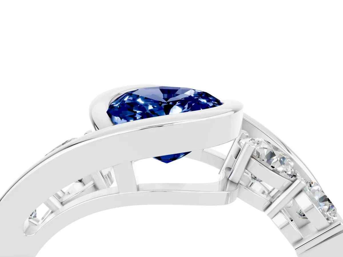 Bezel Set Oval Cut Blue Sapphire Bypass Ring with Round Accents Platinum