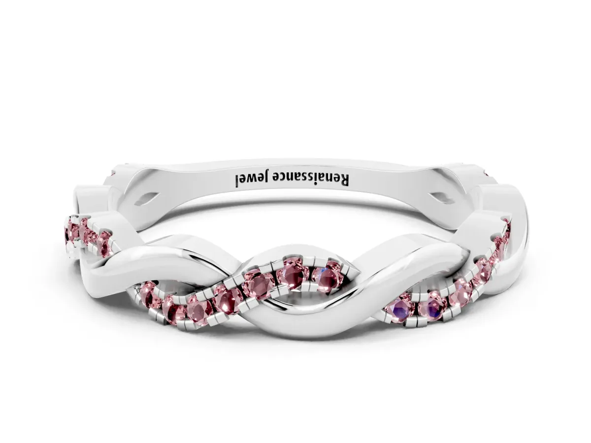 Round Morganite Twist Eternity Band with Pavé Setting Platinum