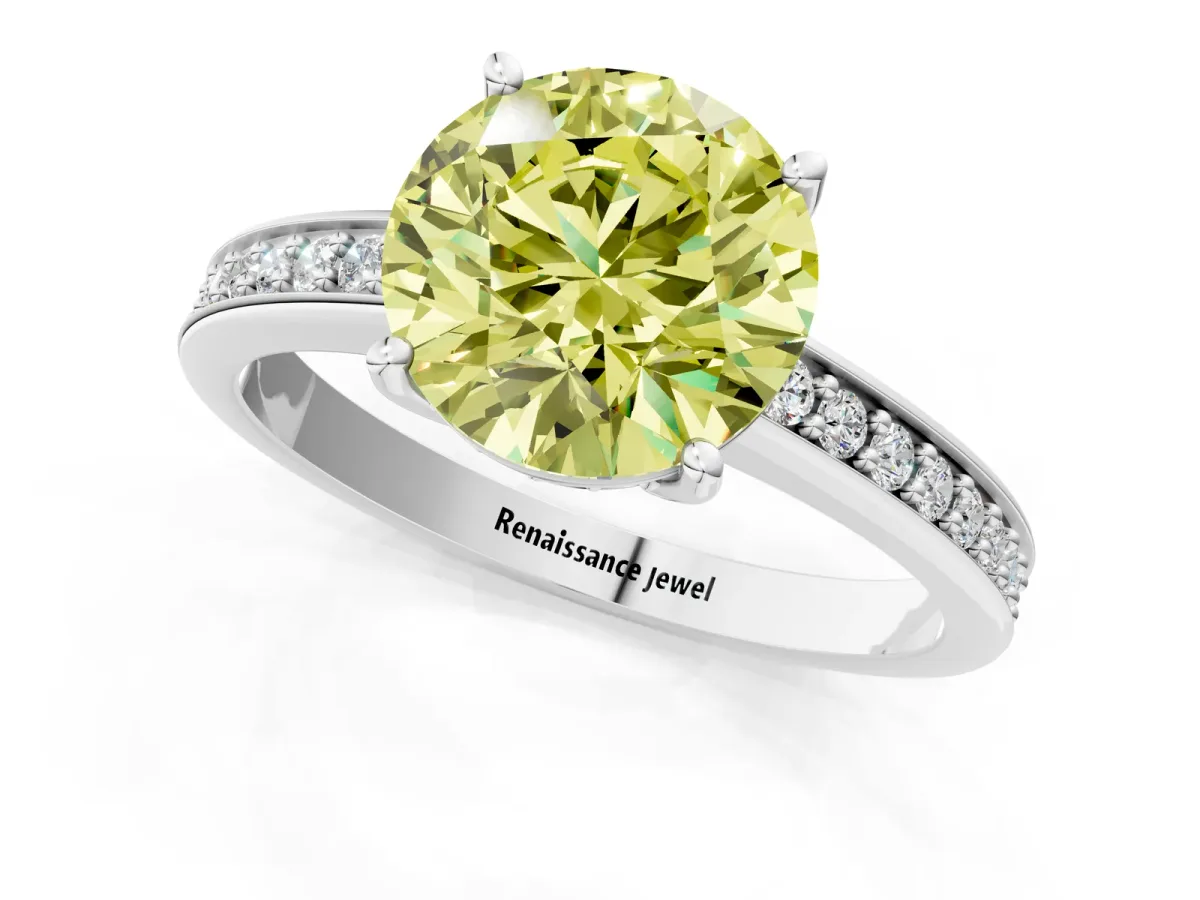 Fancy Yellow Round Cut Solitaire Pavé Band Prong Setting Ring Silver
