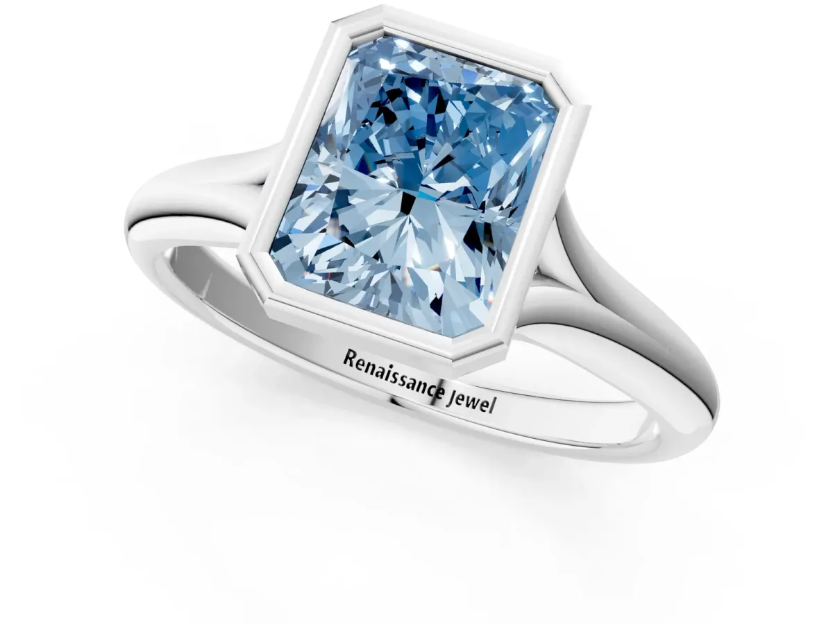 Fancy Blue Bezel Set Radiant Cut Solitaire Diamond Ring with Smooth Band Platinum