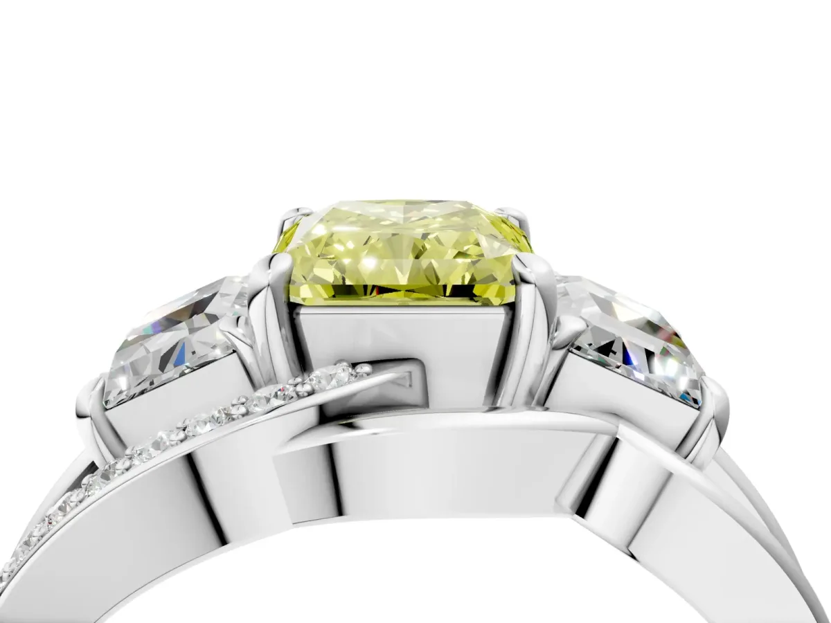 Fancy Yellow Three-Stone Radiant Cut Cut Diamond Split Shank Prong Set Ring Platinum