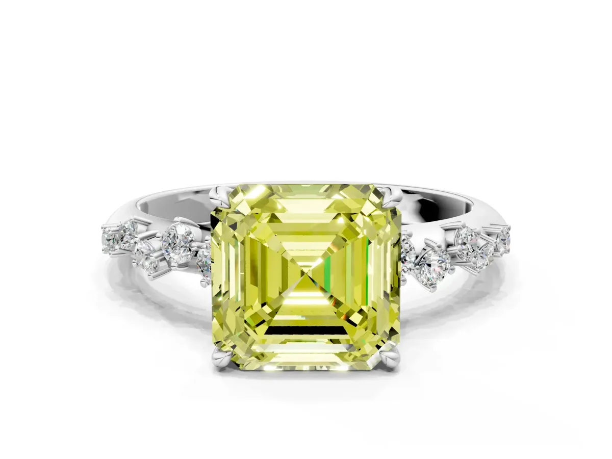 Fancy Yellow Asscher Cut Diamond Cluster Side Stone Solitaire Ring with Prong Setting Platinum